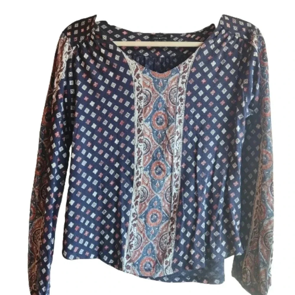 Lucky Brand linen blue cotton boho print patterned top Size SP NWOT